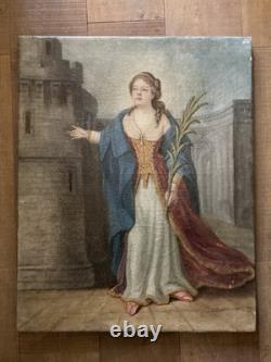 Peinture Huile Sur Toile XVIIIe Ancien Portrait Sainte Barbe Ursule Ruines Art