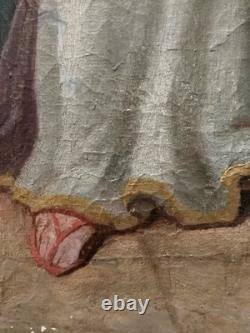 Peinture Huile Sur Toile XVIIIe Ancien Portrait Sainte Barbe Ursule Ruines Art