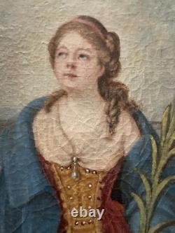 Peinture Huile Sur Toile XVIIIe Ancien Portrait Sainte Barbe Ursule Ruines Art