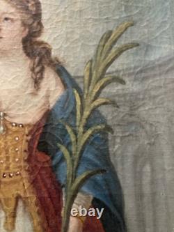 Peinture Huile Sur Toile XVIIIe Ancien Portrait Sainte Barbe Ursule Ruines Art