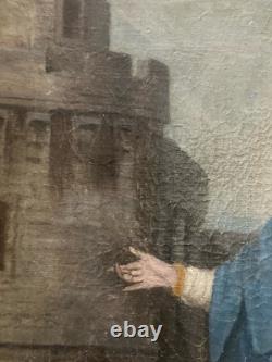 Peinture Huile Sur Toile XVIIIe Ancien Portrait Sainte Barbe Ursule Ruines Art