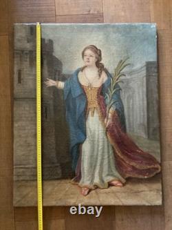 Peinture Huile Sur Toile XVIIIe Ancien Portrait Sainte Barbe Ursule Ruines Art