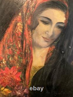 Peinture Huile sur panneau femme Gitane portrait 1950 Ancien Old Painting Art XX