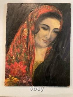 Peinture Huile sur panneau femme Gitane portrait 1950 Ancien Old Painting Art XX