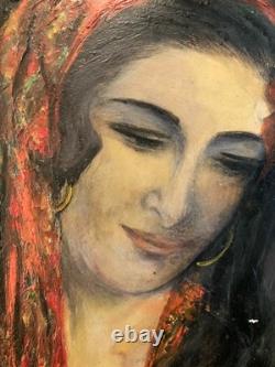 Peinture Huile sur panneau femme Gitane portrait 1950 Ancien Old Painting Art XX