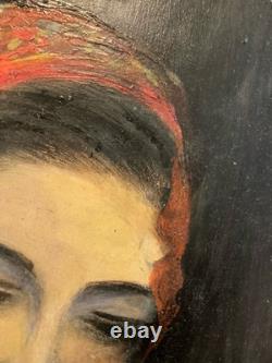 Peinture Huile sur panneau femme Gitane portrait 1950 Ancien Old Painting Art XX