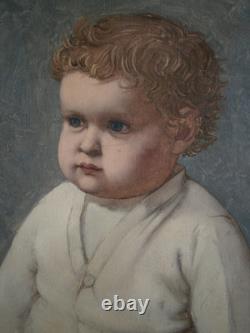 Peinture Huile sur toile 5F Portrait enfant Bébé garçon déco 1930-50 Ancien