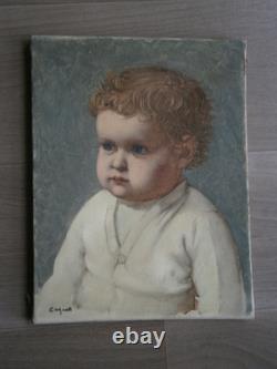 Peinture Huile sur toile 5F Portrait enfant Bébé garçon déco 1930-50 Ancien