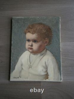 Peinture Huile sur toile 5F Portrait enfant Bébé garçon déco 1930-50 Ancien