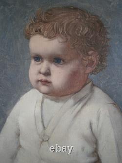 Peinture Huile sur toile 5F Portrait enfant Bébé garçon déco 1930-50 Ancien