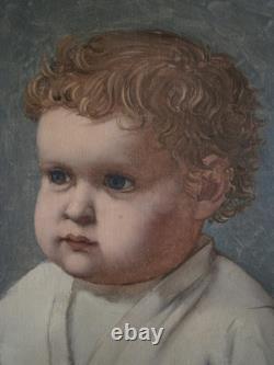 Peinture Huile sur toile 5F Portrait enfant Bébé garçon déco 1930-50 Ancien
