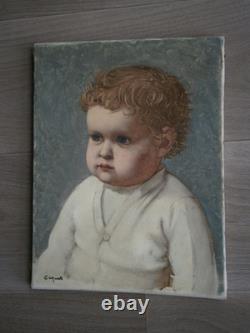 Peinture Huile sur toile 5F Portrait enfant Bébé garçon déco 1930-50 Ancien