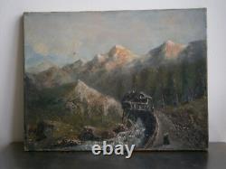 Peinture Huile sur toile XIX°s décor Paysage Montagne Alpes 46x35 Ancien