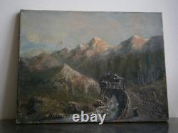 Peinture Huile sur toile XIX°s décor Paysage Montagne Alpes 46x35 Ancien