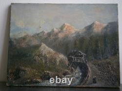 Peinture Huile sur toile XIX°s décor Paysage Montagne Alpes 46x35 Ancien