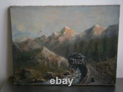 Peinture Huile sur toile XIX°s décor Paysage Montagne Alpes 46x35 Ancien