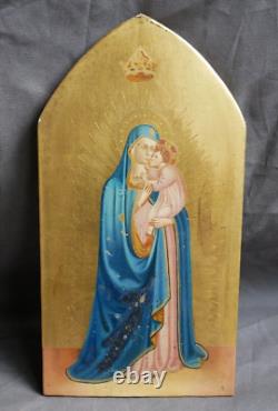 Peinture Religieuse ancienne, Vierge à l'Enfant, Huile sur panneau, dorure, XIXe