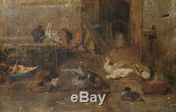 Peinture Tableau Ancien Huile sur Toile XIXème, Basse-court, Poules, Animaux
