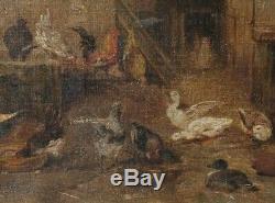 Peinture Tableau Ancien Huile sur Toile XIXème, Basse-court, Poules, Animaux