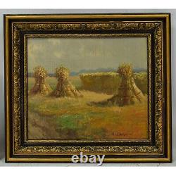 Peinture à l'huile ancienne Paysage Récolte de céréales signée H. V. Leeuwen 58x51