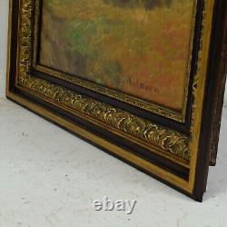 Peinture à l'huile ancienne Paysage Récolte de céréales signée H. V. Leeuwen 58x51