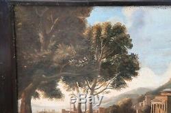 Peinture à l'huile ancienne sur toile de paysage avec figures Sec XVIII
