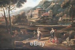 Peinture à l'huile ancienne sur toile de paysage avec figures Sec XVIII