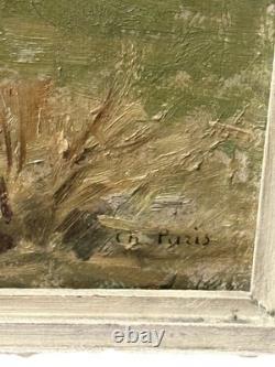 Peinture ancien tableau signée CH. Paris Paysage rural français Huile sur toile