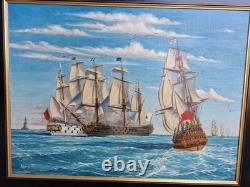 Peinture ancienne, Huile Sur Toile Signée Représentant Une Marine