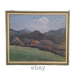 Peinture ancienne Huile Sur Toile paysage arbres vue d'une ferme à la campagne