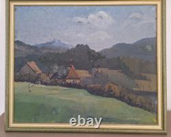 Peinture ancienne Huile Sur Toile paysage arbres vue d'une ferme à la campagne