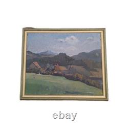 Peinture ancienne Huile Sur Toile paysage arbres vue d'une ferme à la campagne