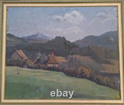 Peinture ancienne Huile Sur Toile paysage arbres vue d'une ferme à la campagne