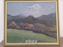 Peinture ancienne Huile Sur Toile paysage arbres vue d'une ferme à la campagne