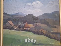 Peinture ancienne Huile Sur Toile paysage arbres vue d'une ferme à la campagne