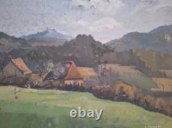 Peinture ancienne Huile Sur Toile paysage arbres vue d'une ferme à la campagne