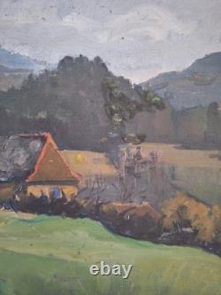 Peinture ancienne Huile Sur Toile paysage arbres vue d'une ferme à la campagne
