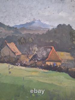 Peinture ancienne Huile Sur Toile paysage arbres vue d'une ferme à la campagne