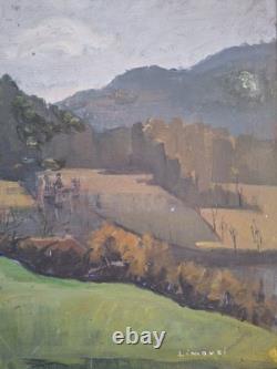 Peinture ancienne Huile Sur Toile paysage arbres vue d'une ferme à la campagne
