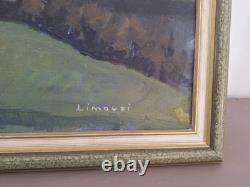 Peinture ancienne Huile Sur Toile paysage arbres vue d'une ferme à la campagne