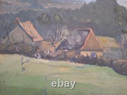 Peinture ancienne Huile Sur Toile paysage arbres vue d'une ferme à la campagne
