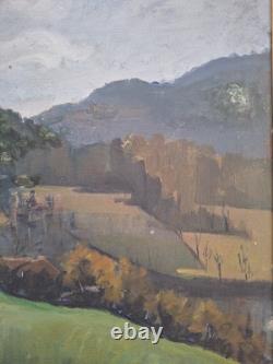 Peinture ancienne Huile Sur Toile paysage arbres vue d'une ferme à la campagne