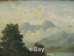 Peinture ancienne Paysage montagne et lac huile sur panneau de bois