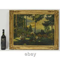 Peinture ancienne à l'huile Le pique-nique, randonnée en groupe en forêt 77x62cm