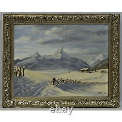 Peinture ancienne à l'huile sur toile de 1947 Paysage d'hiver 72 x 51 cm