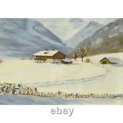 Peinture ancienne à l'huile sur toile de 1947 Paysage d'hiver 72 x 51 cm