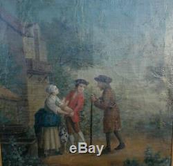 Peinture ancienne à l huile sur toile grand tableau charmante scene de genre