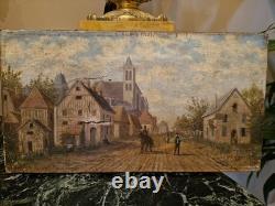 Peinture ancienne, huile Sur Toile, Rue De Village Animée Signée XIX Ème S