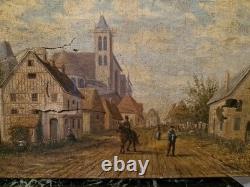 Peinture ancienne, huile Sur Toile, Rue De Village Animée Signée XIX Ème S