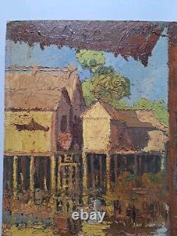 Peinture ancienne huile sur panneau provence paysage architecture. Tableau Signé